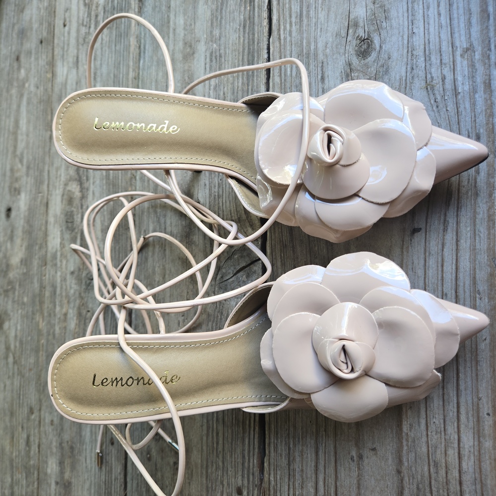 Lemonade Blush Pink Patent Strappy Ankle Tie Heels With Large Flower At Vamp - Picture 15 of 15